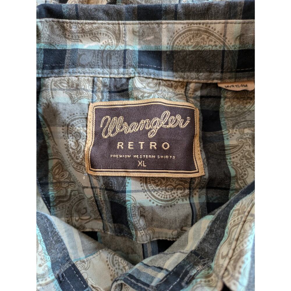Wrangler Retro Mens XL Shirt Black Pearl Snap Paisley Plaid Button Up Pocket Top - Picture 10 of 12